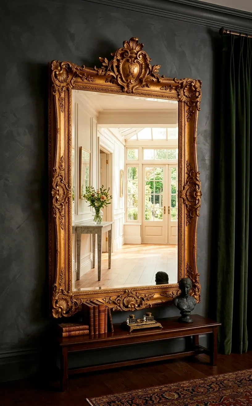 Ornate gold mirror reflecting light on a dark charcoal dining room wall.