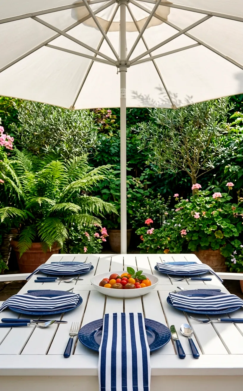 Coastal outdoor dining setup with navy plates and white table.