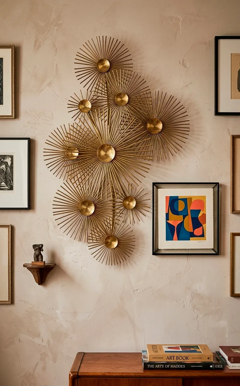 Mid century modern brass starburst wall sculpture and abstract art on a white wall.