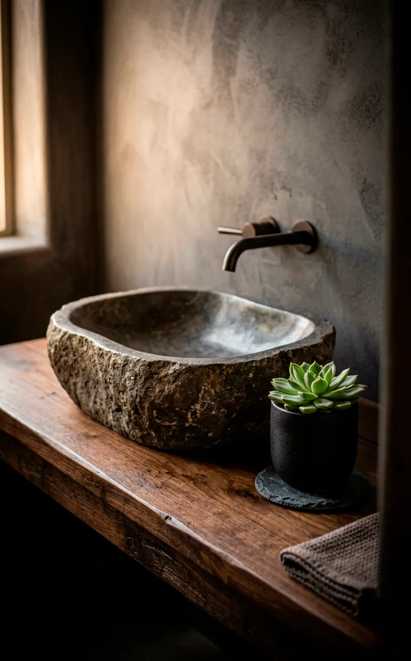 Rough-edge stone vessel sink on a dark bathroom counter.