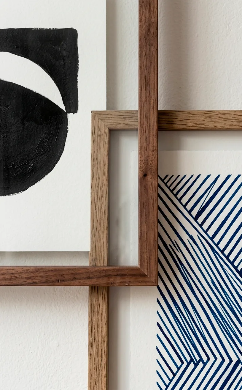 Detail shot of framed geometric art prints with visible paper texture.