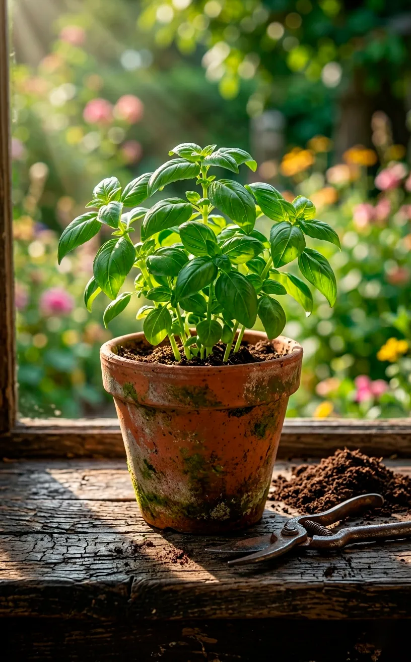 Vintage gardening shears and basil in a terracotta pot on a wooden ledge.