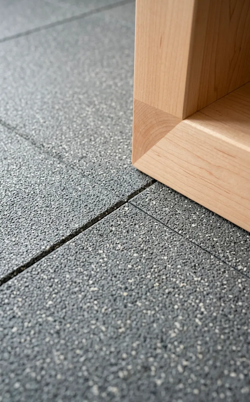 Close-up texture of gray rubber gym flooring with a light wood stand corner.