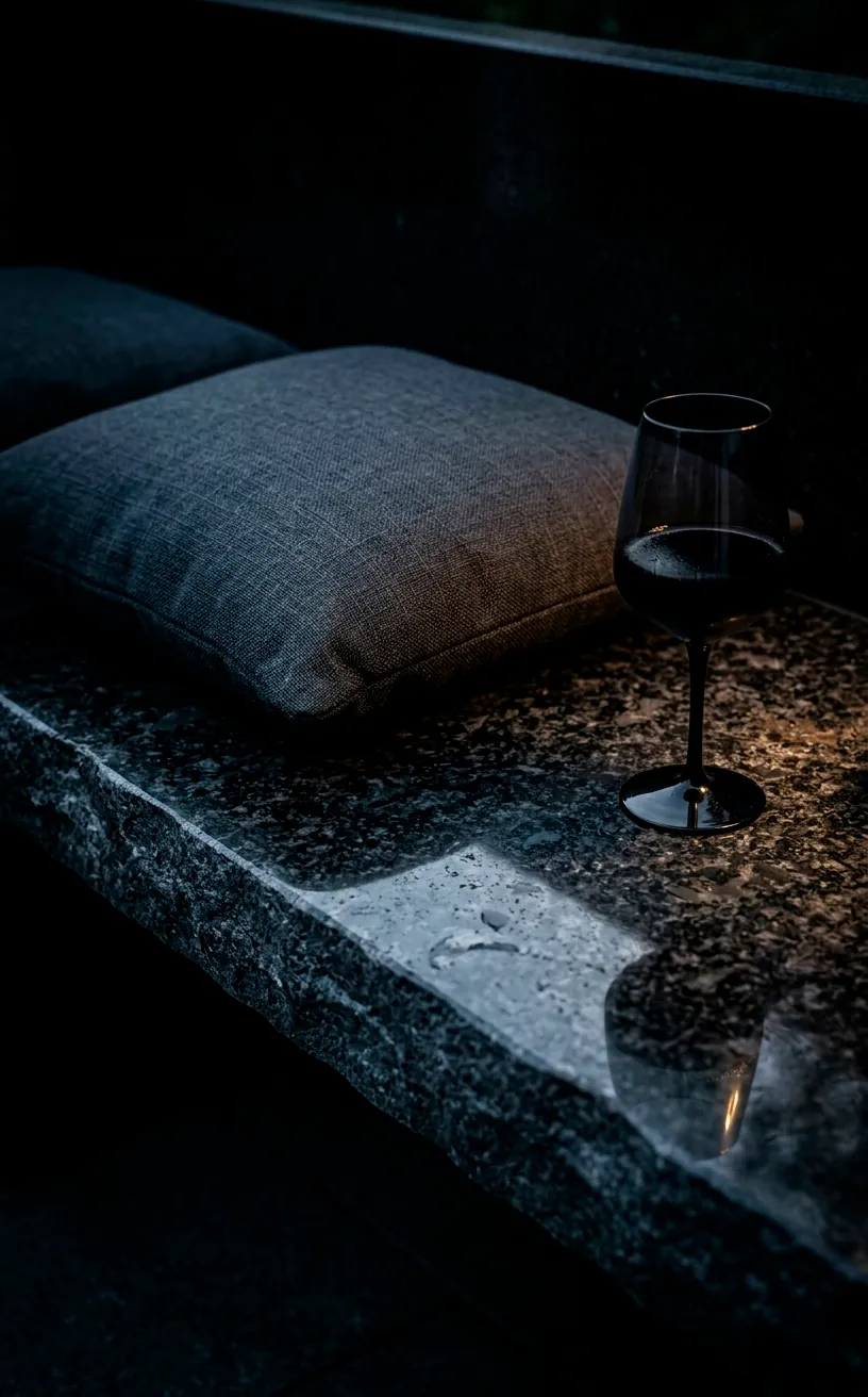 Detail of a black granite bench texture with a dark cushion.