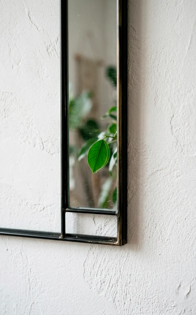 Close-up of a thin black frame of a round mirror with a leaf reflection on a white wall.