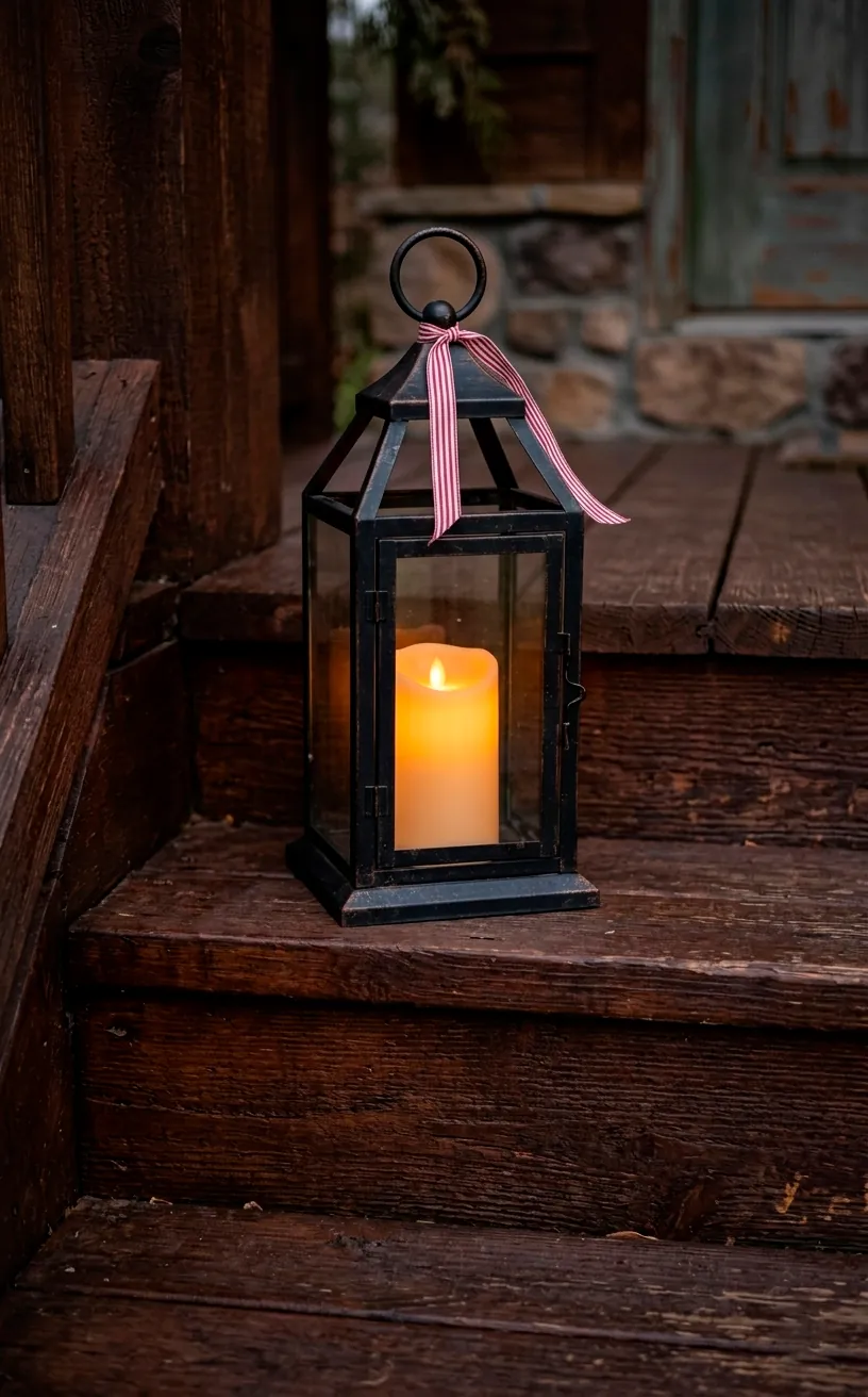 Black metal lantern with an LED candle and a patriotic ribbon on a porch step.