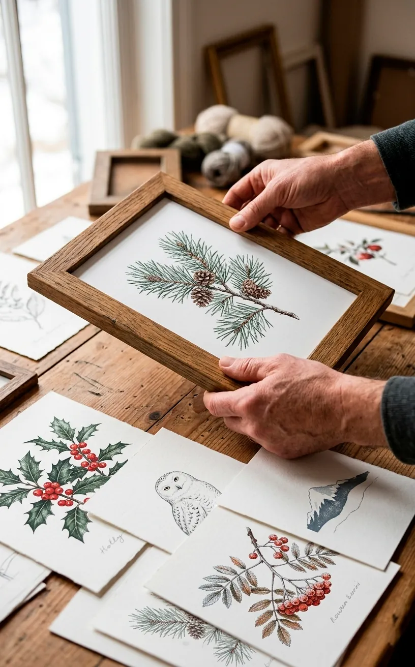 Hand swapping a summer botanical print for a winter pine illustration.