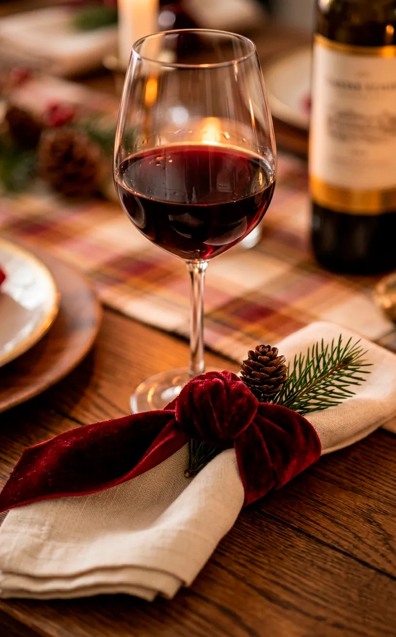 Detail of a velvet ribbon napkin tie with cedar sprig on a festive dinner table.