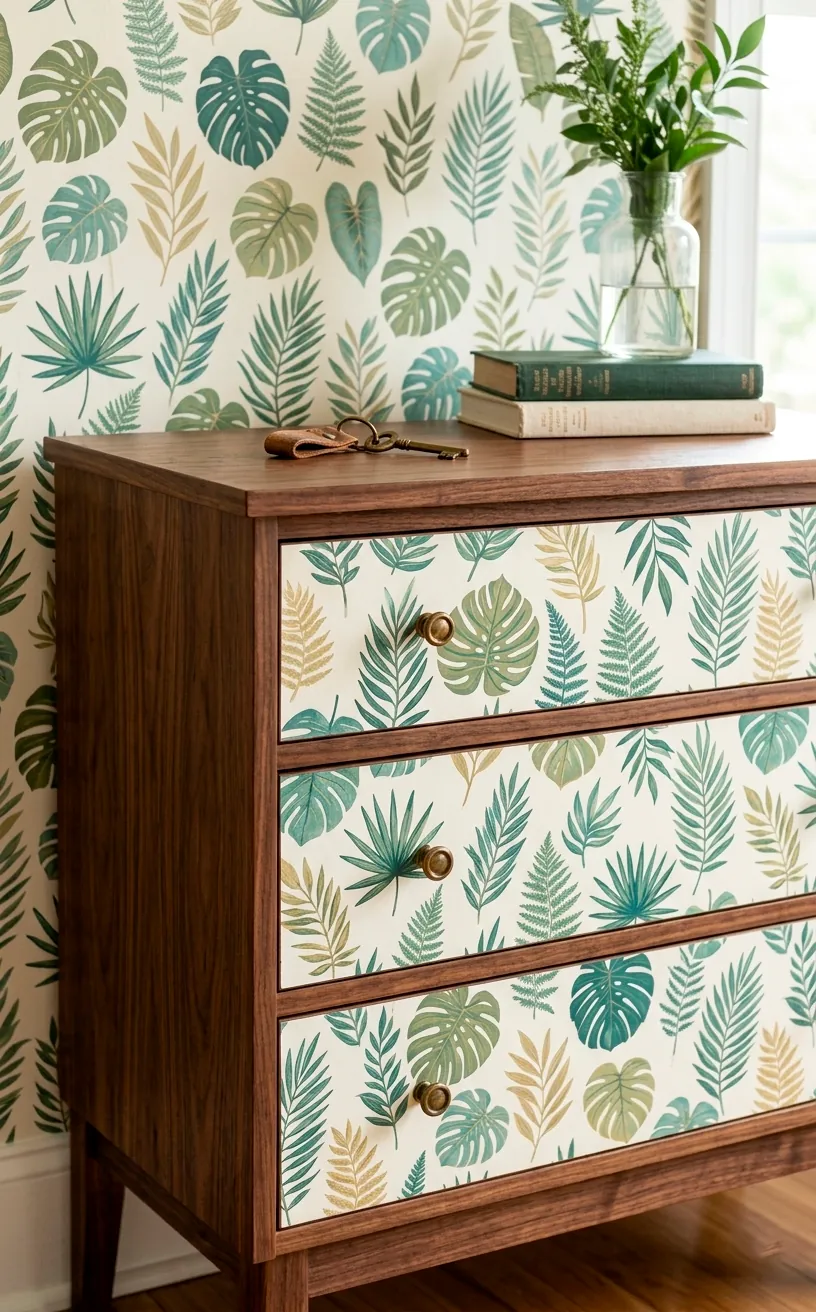 IKEA dresser hack using leaf print wallpaper scraps on drawer fronts.