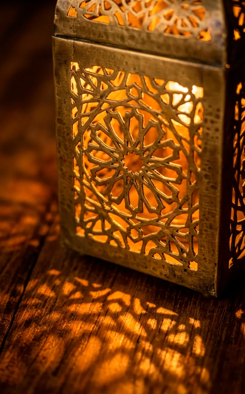 Close-up of light shining through ornate brass lantern cutouts.