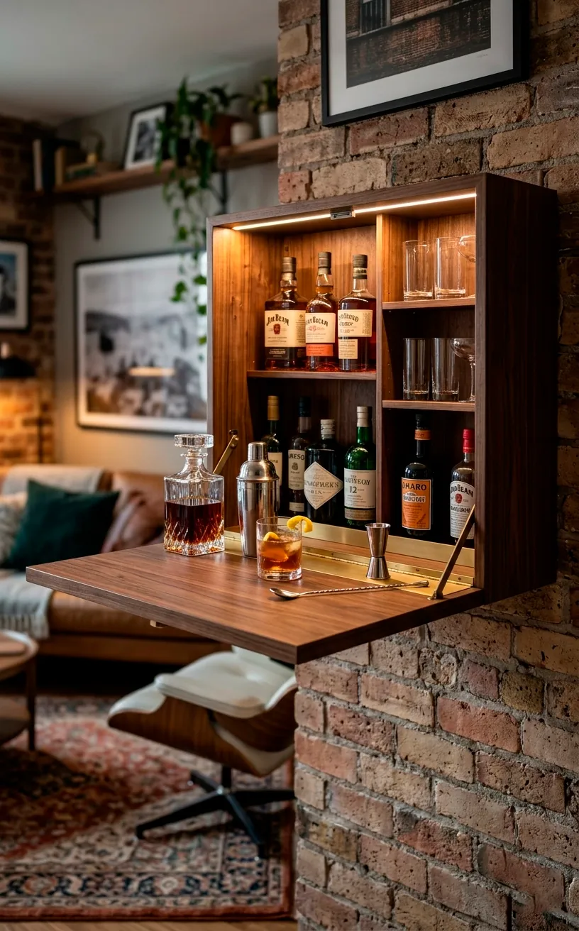 Wall-mounted floating bar cabinet with a fold-down shelf used as a mixing station.