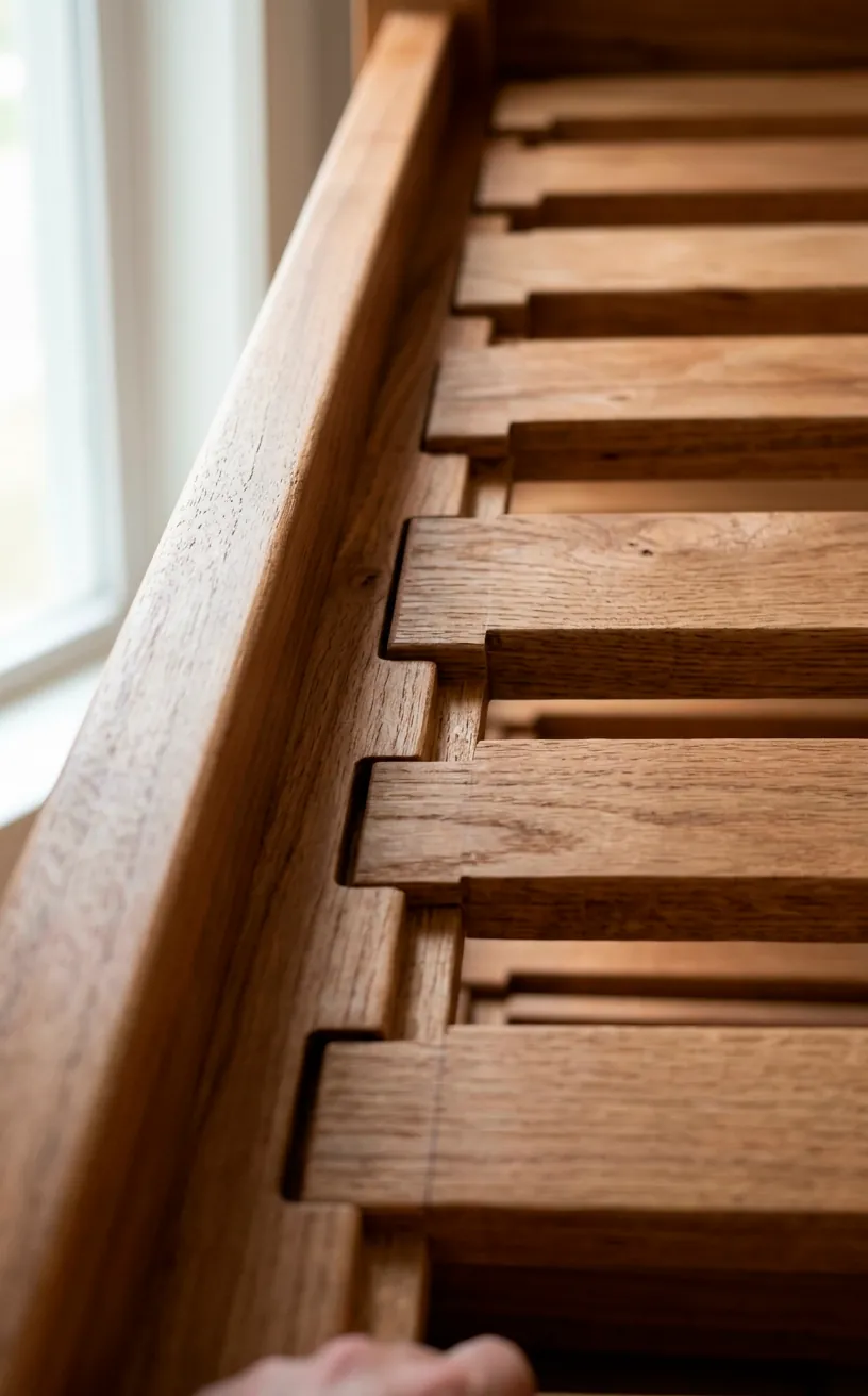 Close-up of interlocking wooden slats on a sliding van bed frame.