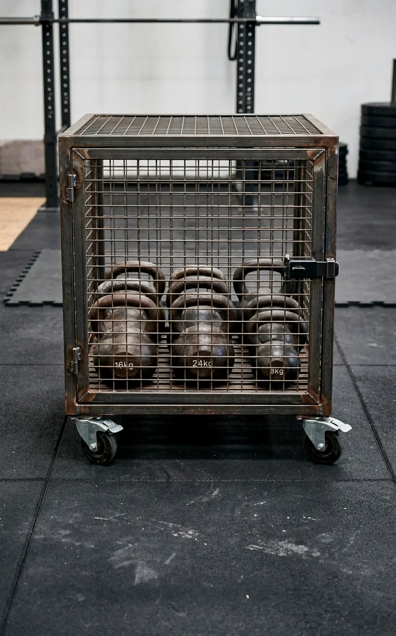 Industrial metal storage cage on wheels with kettlebells.