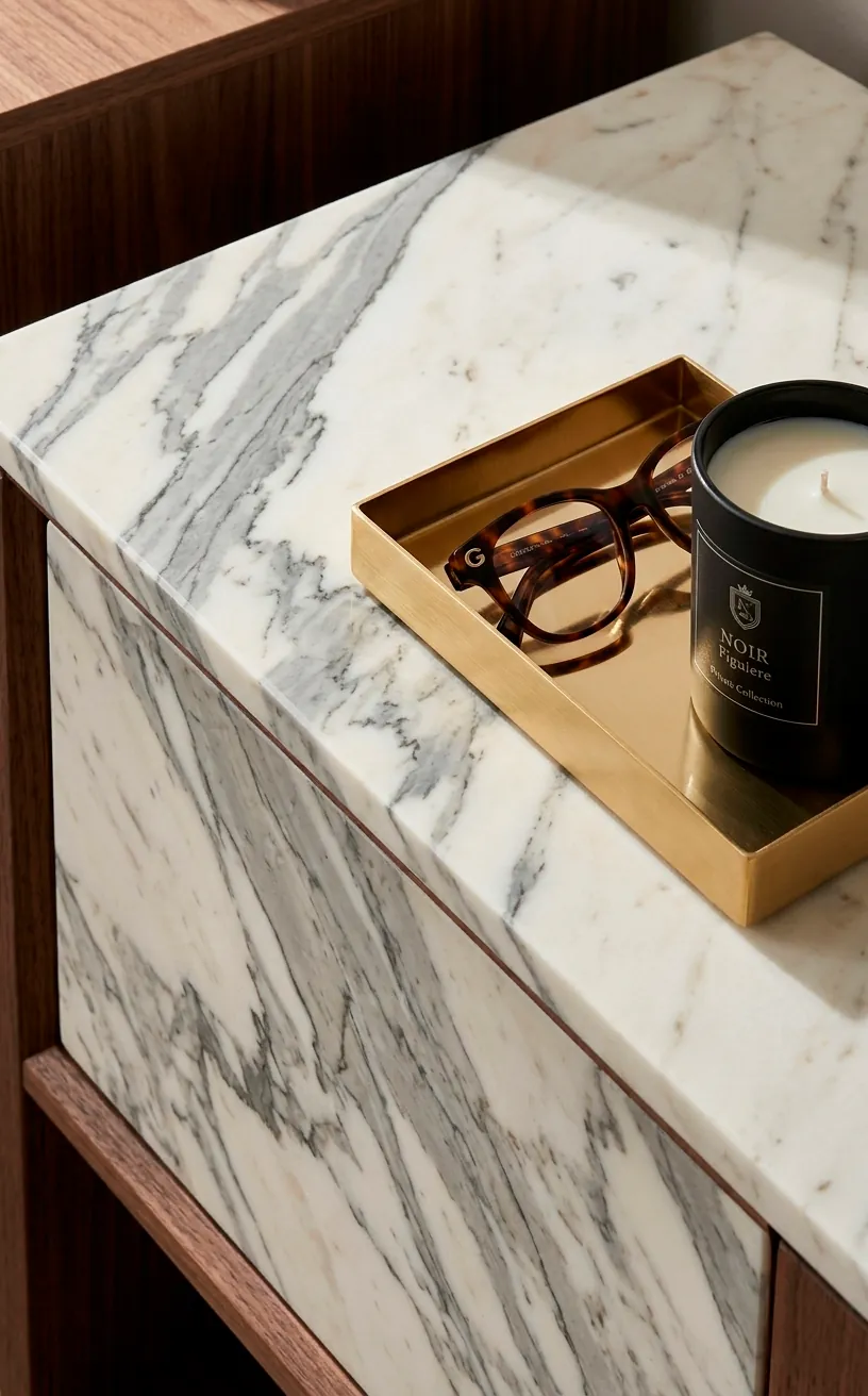Close-up of white marble texture and gold hardware on a floating media cabinet.