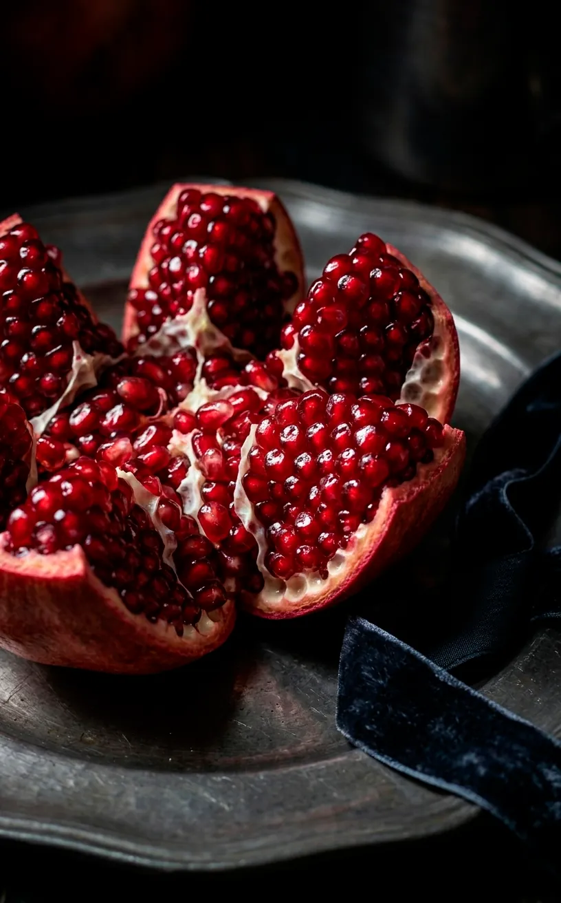 Close-up of a split pomegranate showing red seeds on a pewter plate.