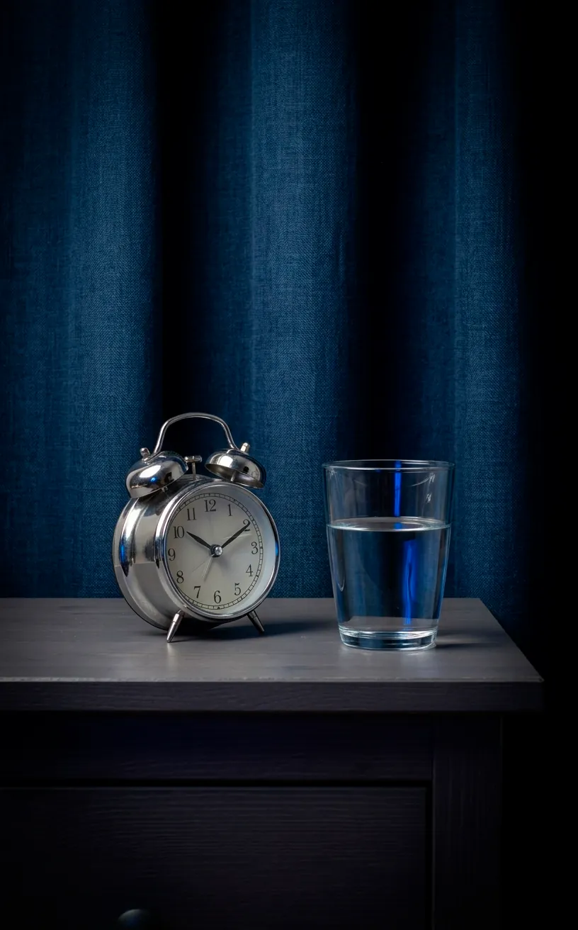 Silver clock on a dark nightstand against navy blue curtains in a moody bedroom.
