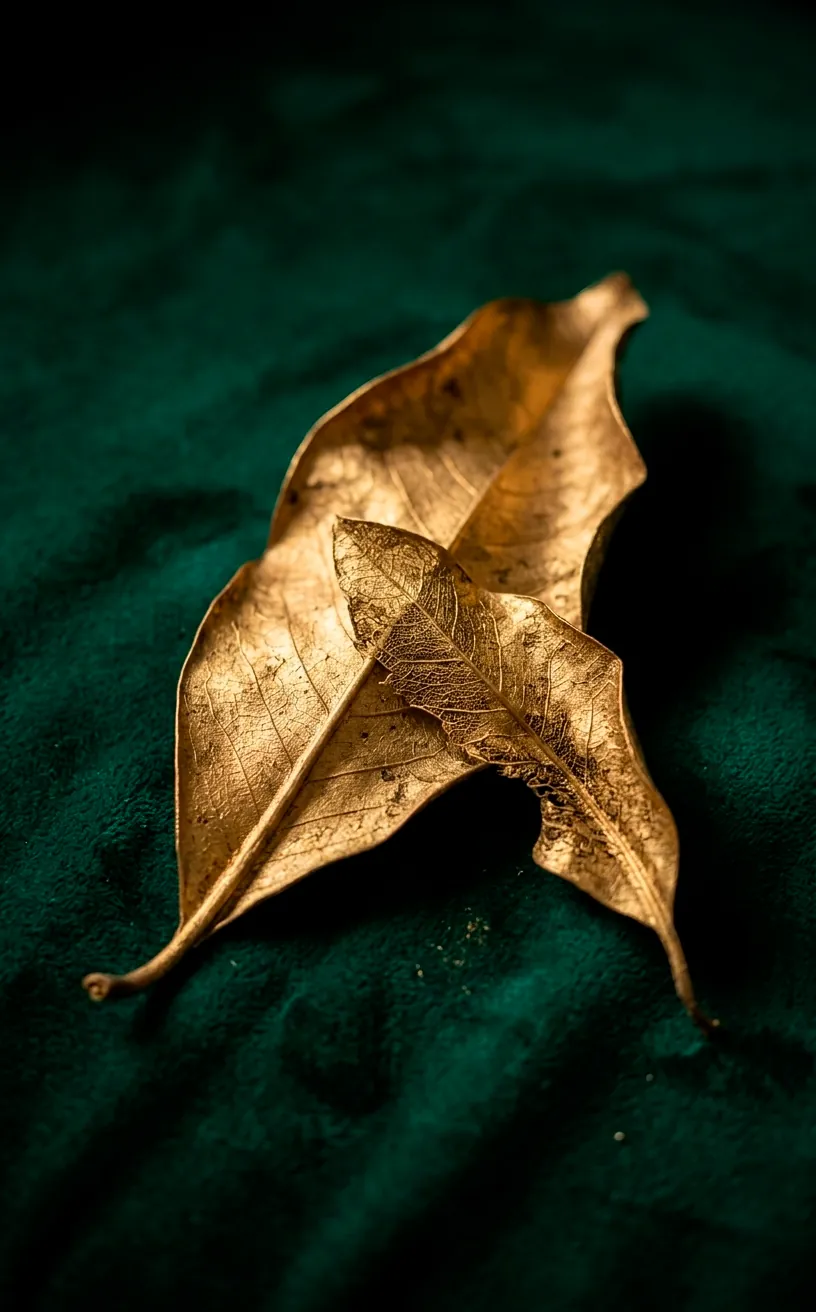 Detailed view of a gold-painted magnolia leaf on a green velvet background.