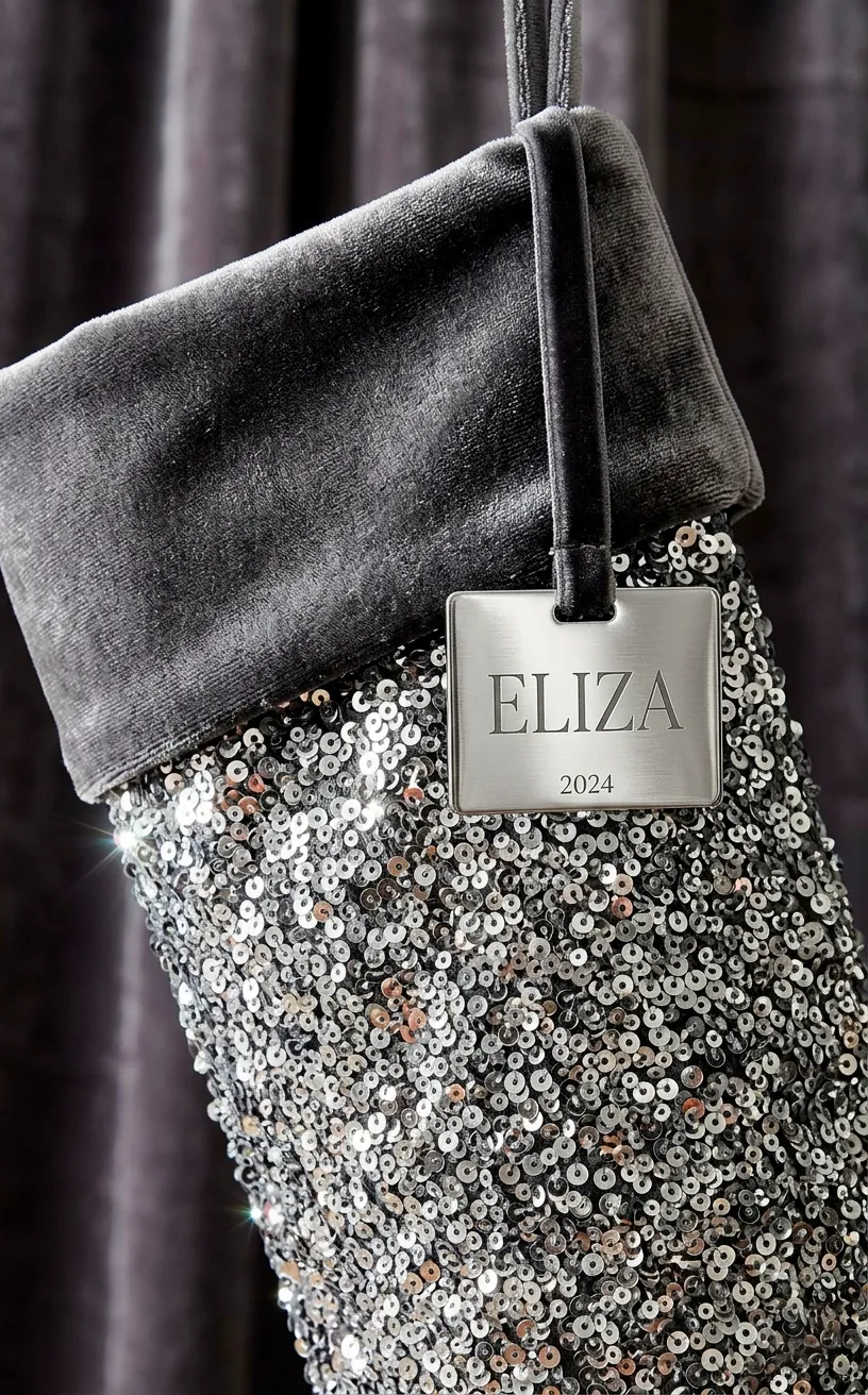Close-up of silver sequins and velvet textures on a holiday stocking.
