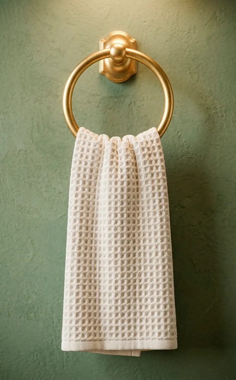Brushed gold towel ring on a sage green wall with a white waffle-knit towel.