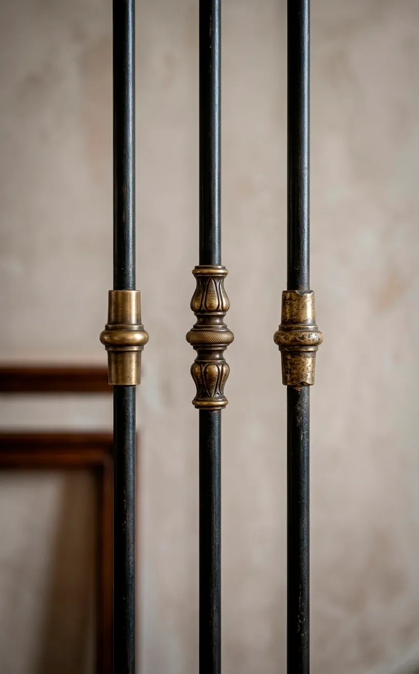 Detailed view of slim black staircase spindles with decorative brass knuckles.