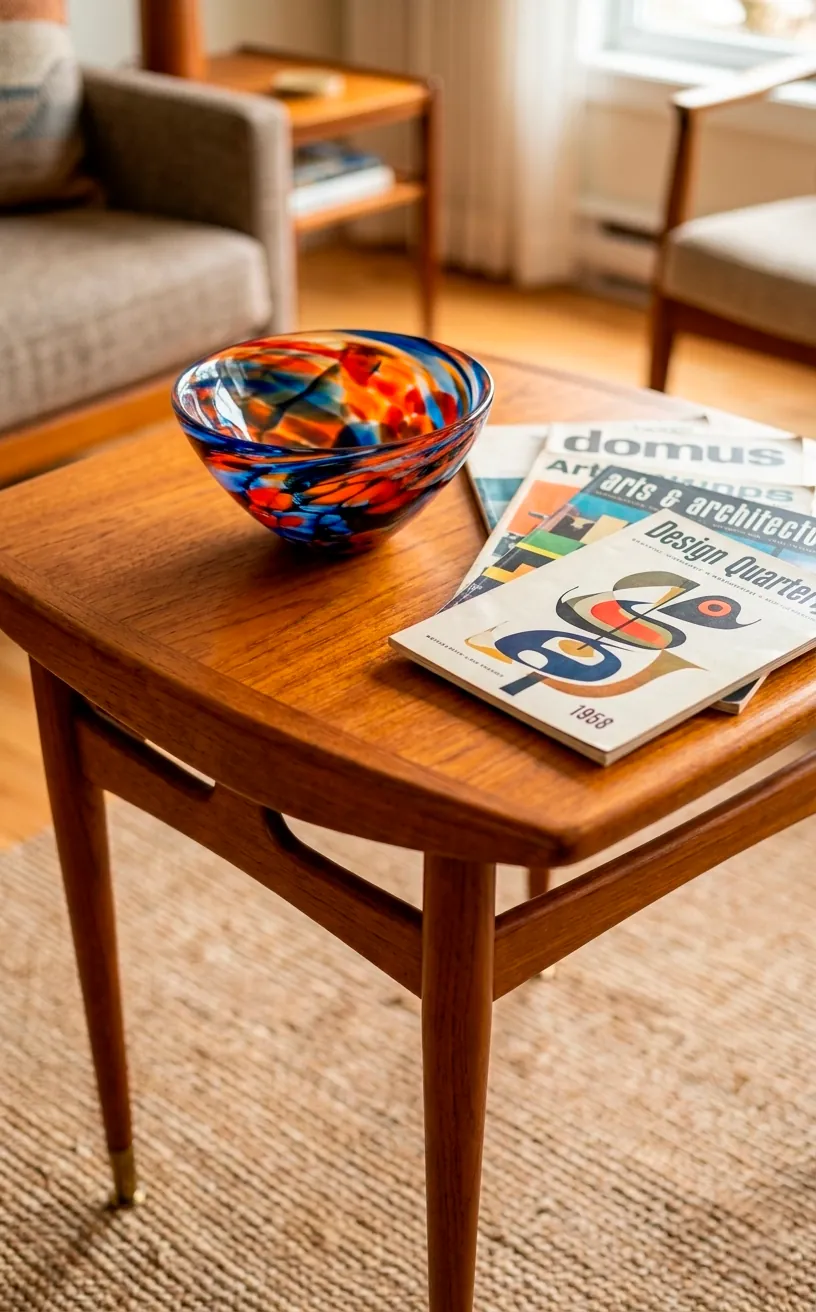 A Mid-Century Modern teak coffee table with a colorful glass bowl and magazines in a sunny room.