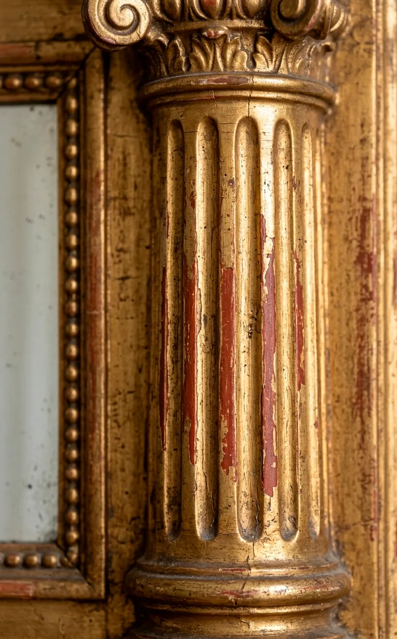 Detailed view of aged gilding and neoclassical carvings on a Victorian mirror frame.