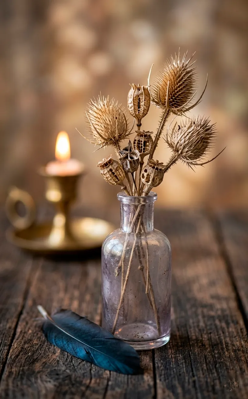 Dried thistle and antique glass bottle on a moody wooden surface.