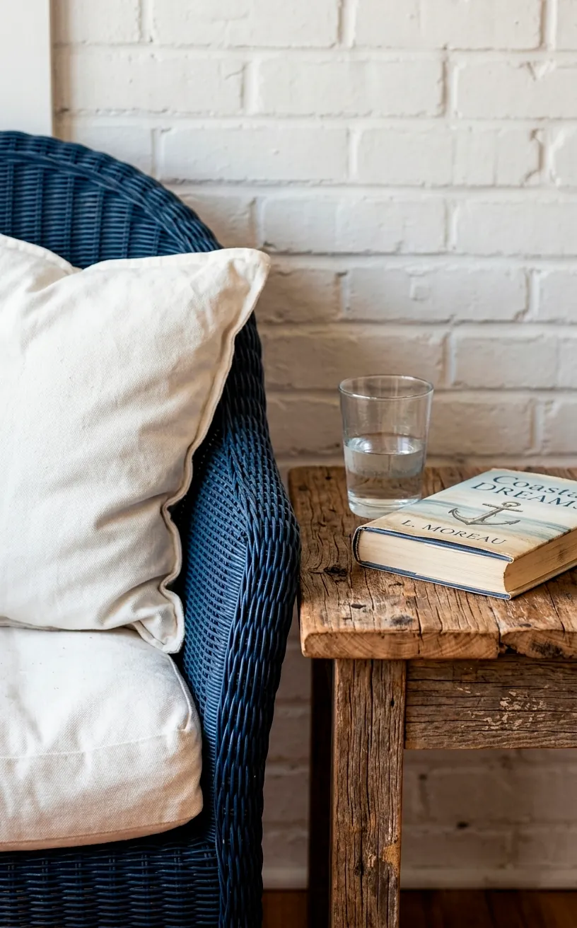 Navy wicker chair and reclaimed wood side table in a coastal nook.