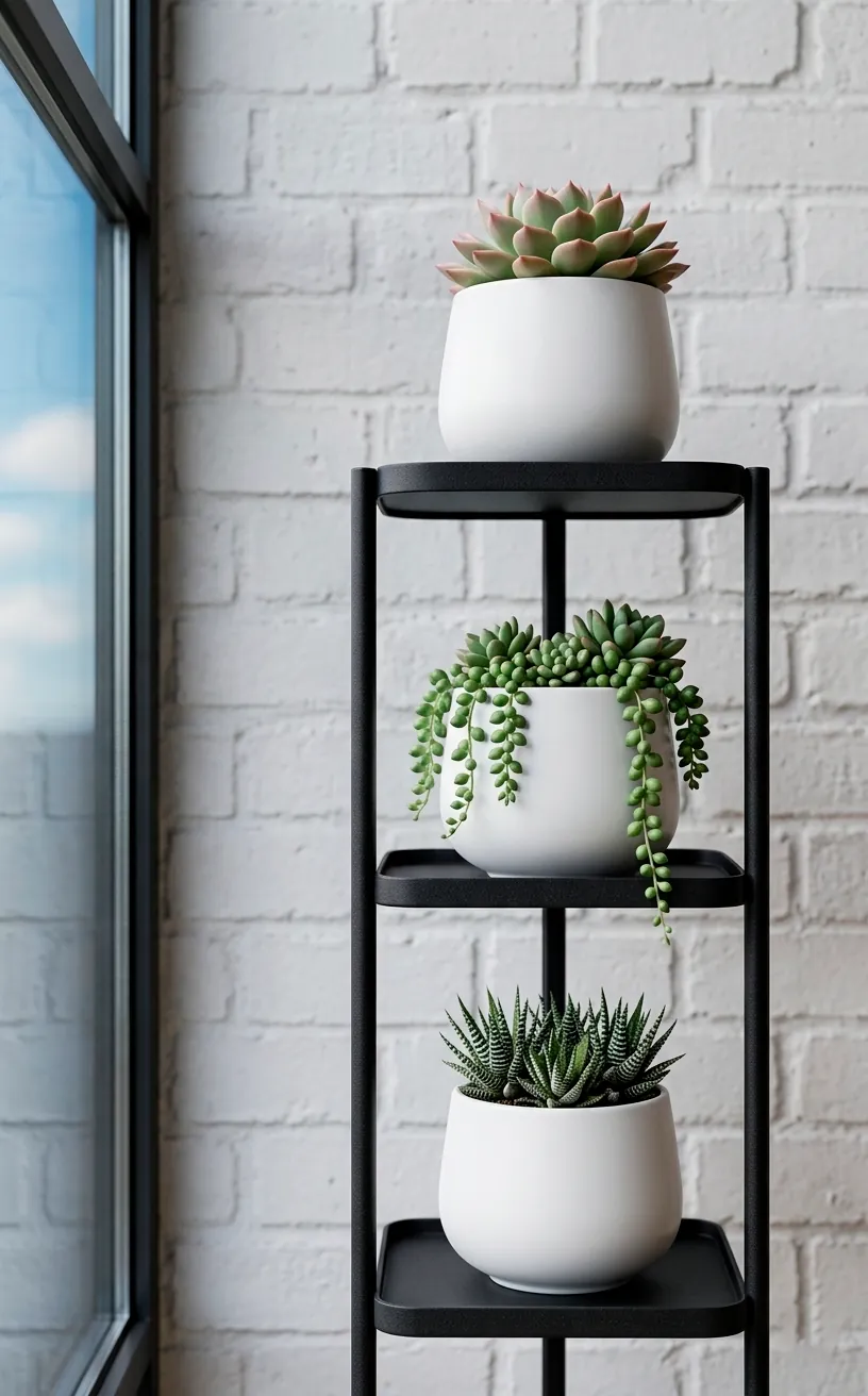 Minimalist black metal plant stand with white pots in a modern sunroom.