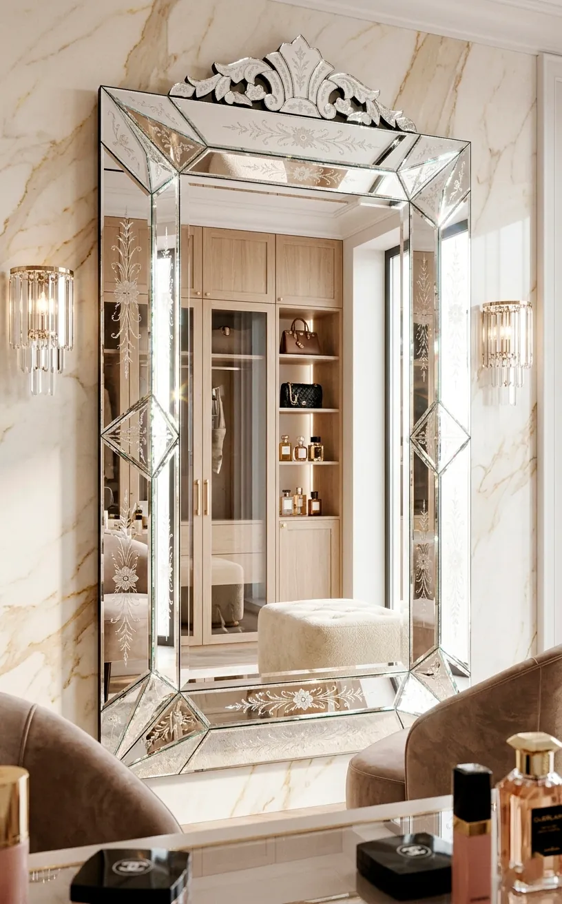 Ornate Venetian etched glass mirror with mirrored frame in a bright dressing room.