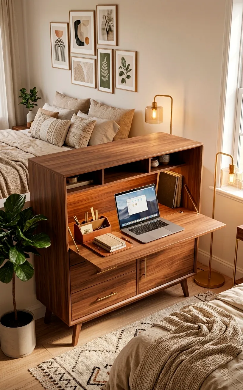 Mid-century modern credenza that unfolds into a secret home office desk.