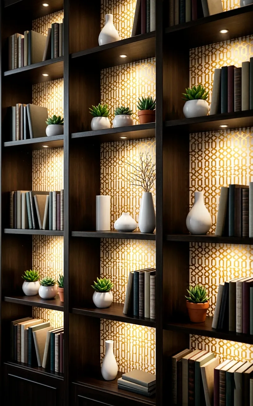 Bookshelf with gold and white geometric lattice backing and organized books.