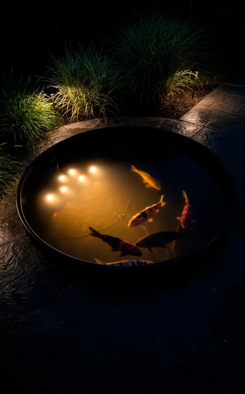 Matte black stock tank pond at night with glowing underwater LED lights.