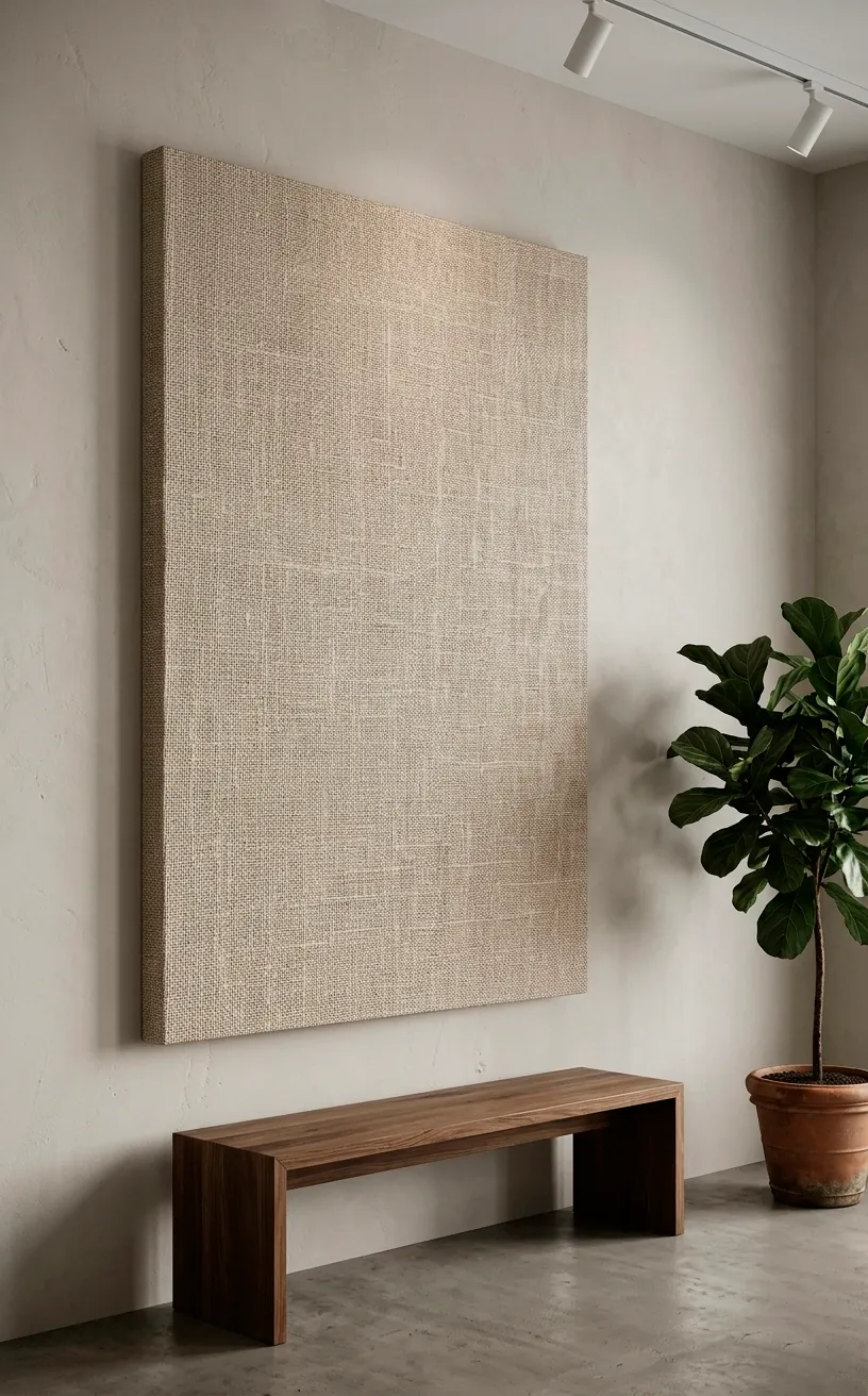 Large linen-wrapped wall art in a minimalist desert-style room.