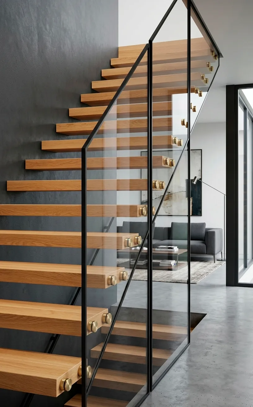 Modern glass staircase railing with black frames and satin brass standoffs.
