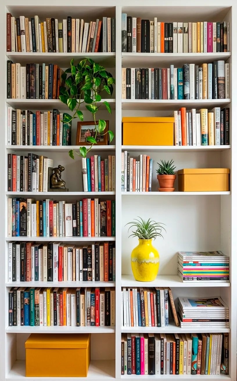 White bookshelf with mustard yellow storage boxes and decorative vases.