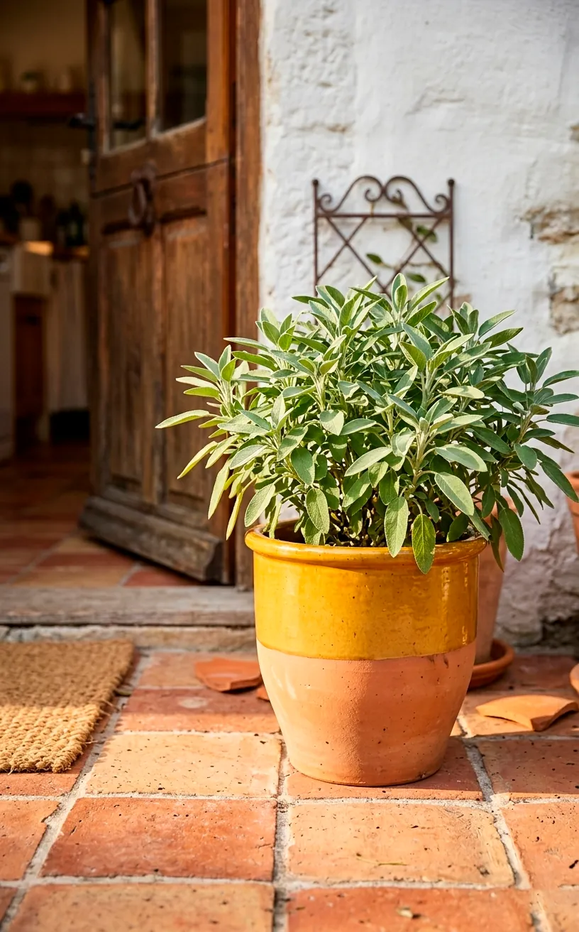 Half-glazed mustard yellow and raw terracotta herb pot with sage.