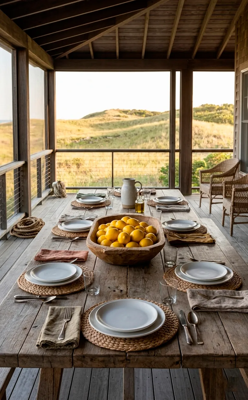 Rustic weathered wood trestle dining table with coastal table setting.