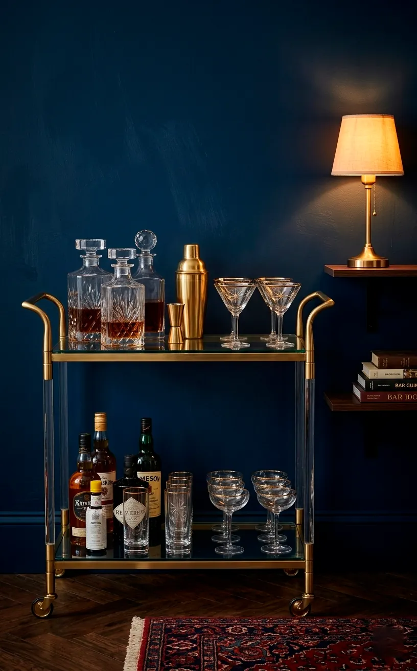 Vintage brass and glass bar cart styled with crystal decanters and atomic glassware.