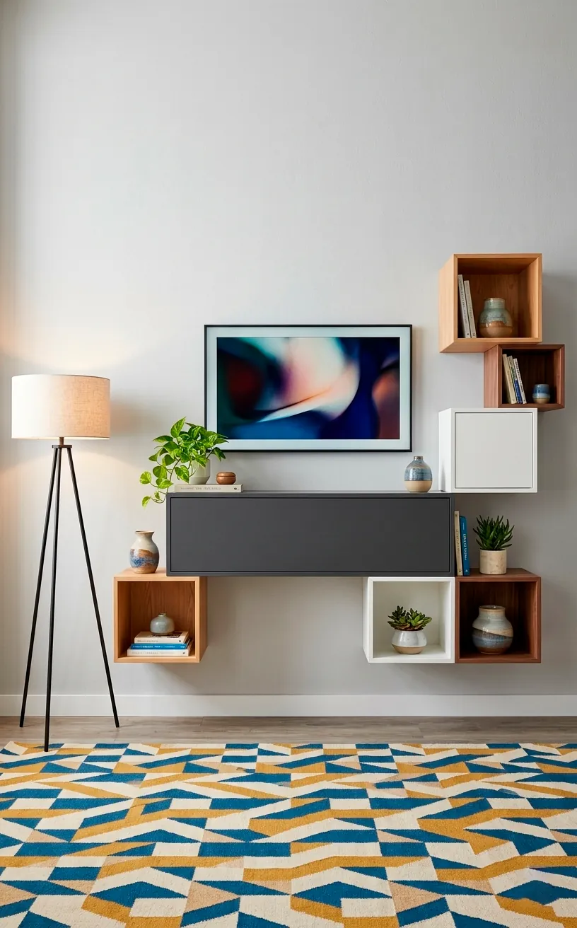 Modular geometric floating TV boxes in mixed colors arranged on a grey wall.