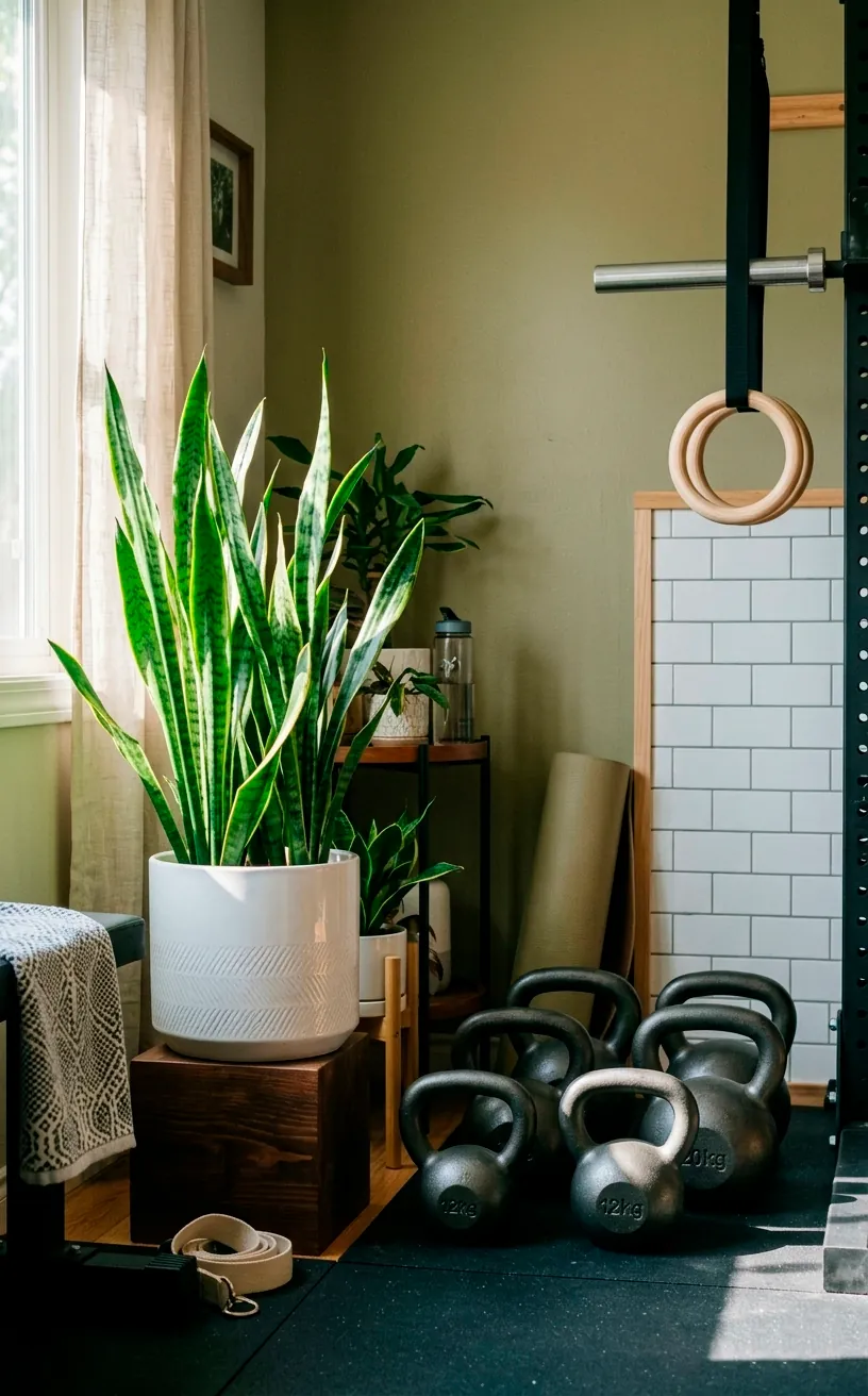 Large snake plant in a white pot next to gym weights, adding a fresh feel to the room.
