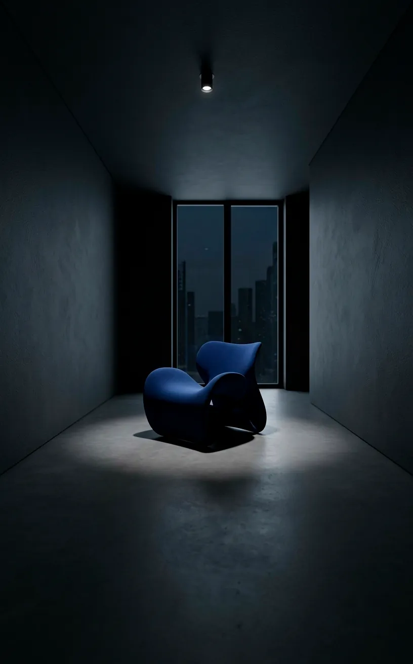 Minimalist charcoal bedroom with a single bold navy blue designer armchair.