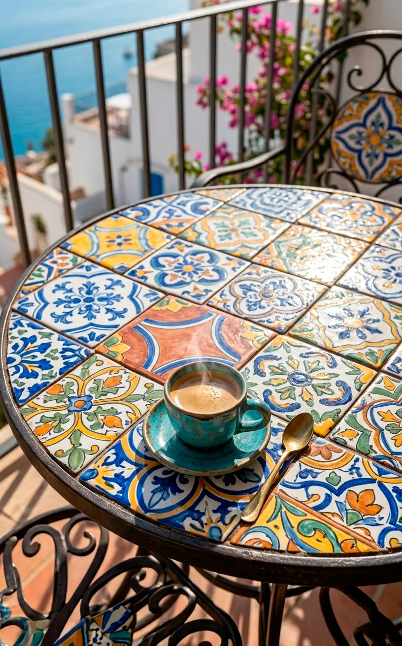 Hand-painted reclaimed tiles used as a balcony tabletop.