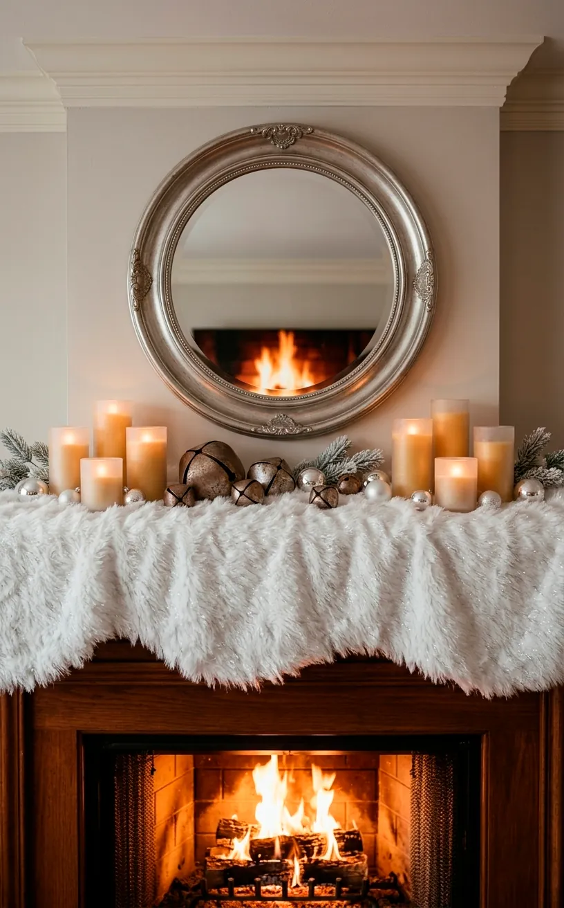 Faux snow blanket with silver glitter shimmer draped on a fireplace mantel.