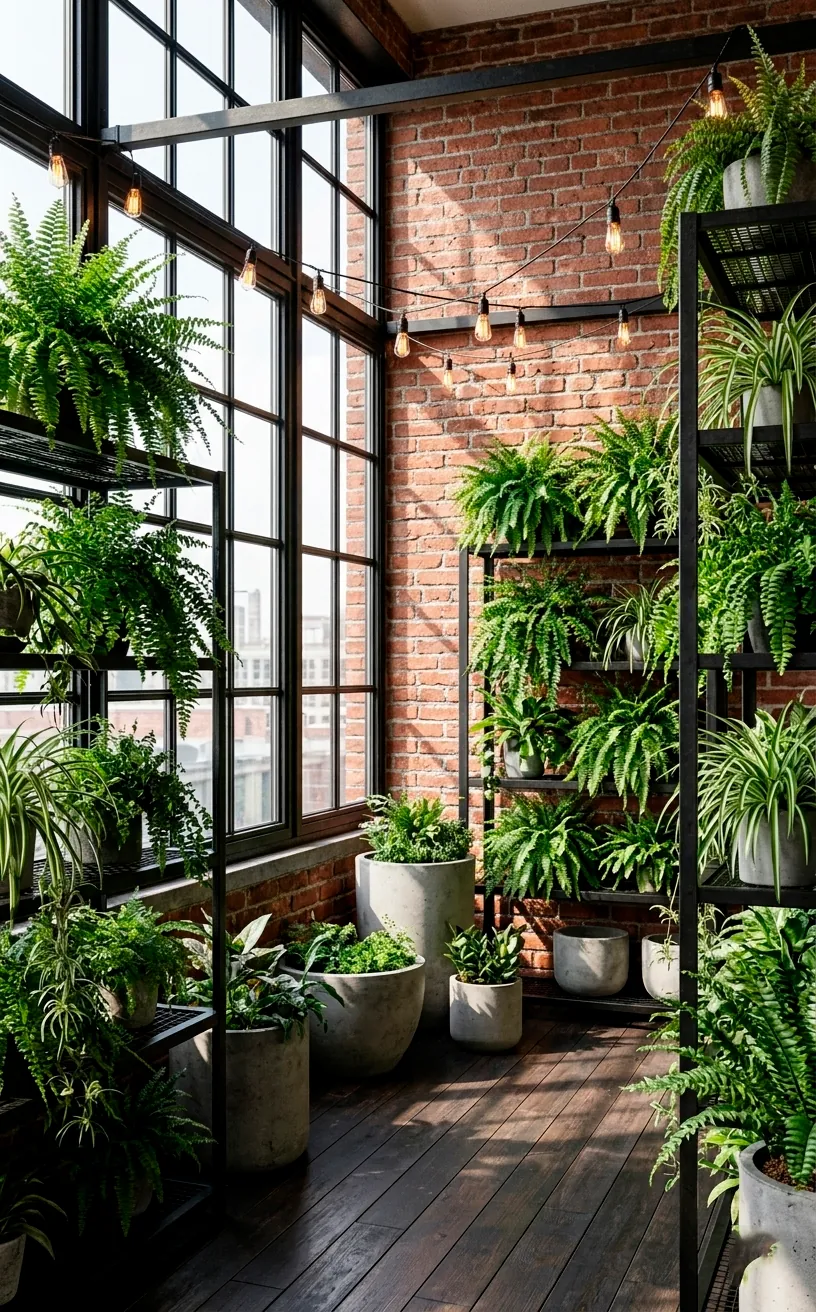 Industrial sunroom with metal shelving and concrete plant pots.