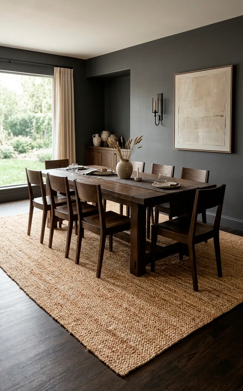 Large light jute rug under a dining table in a room with dark walls.