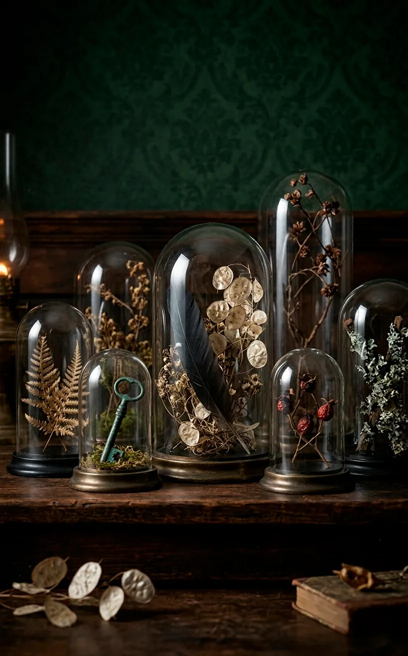 Glass cloches containing gothic botanical specimens and antique items on a dark mantel.