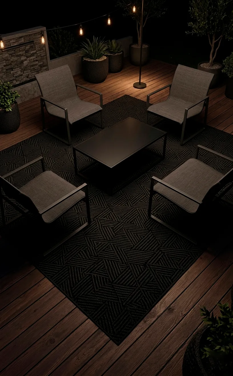 Dark grey geometric outdoor rug on a dark wood patio deck.