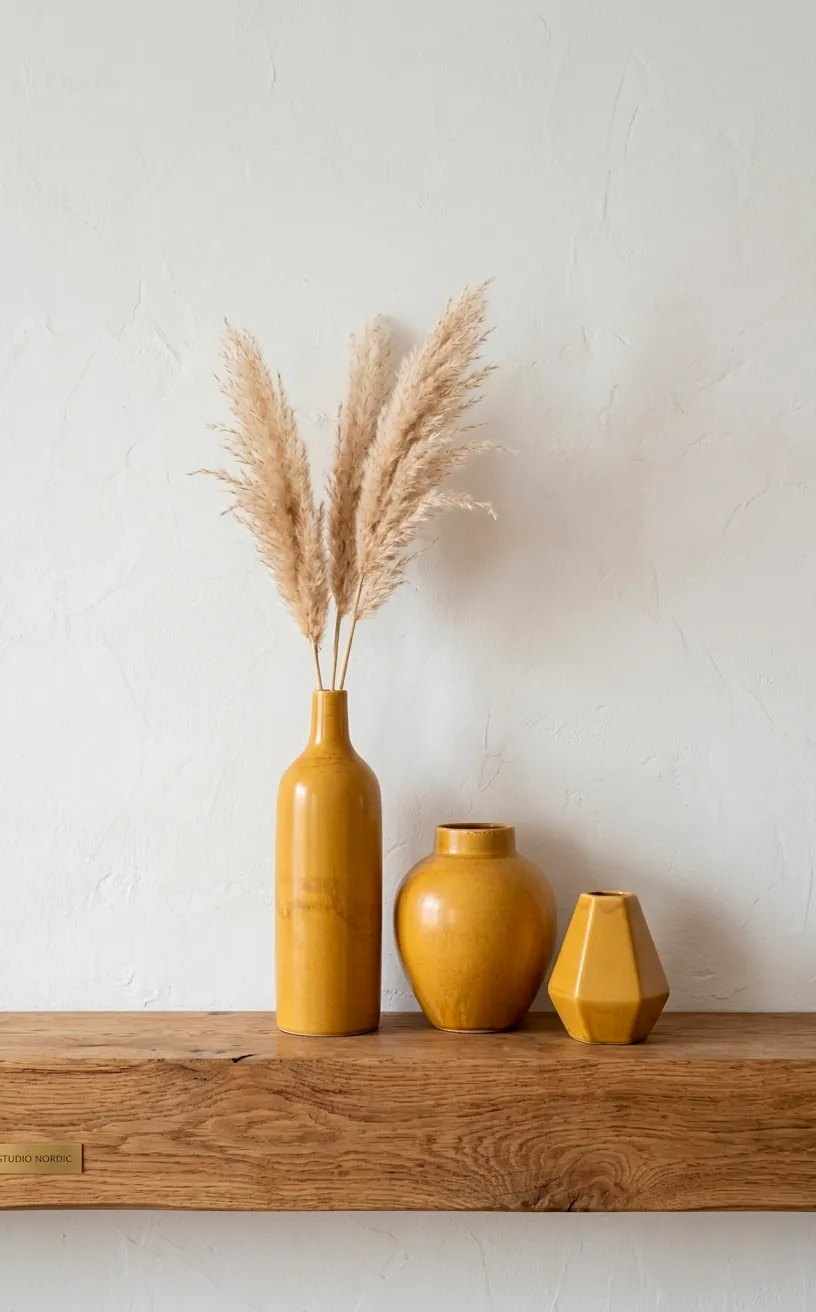 Collection of mustard yellow ceramic vases on a wooden mantle with dried flowers.