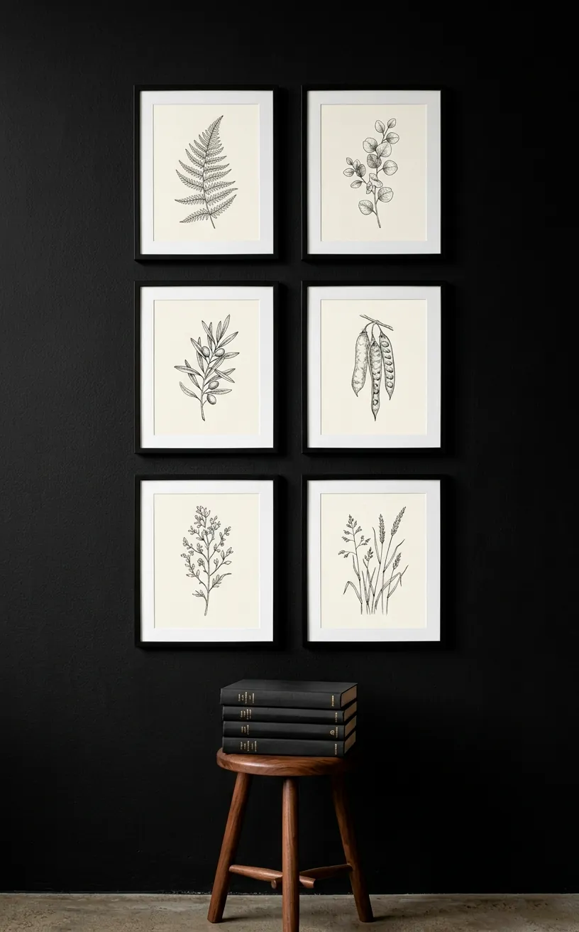 Gallery wall on a black bathroom wall with framed sketches.